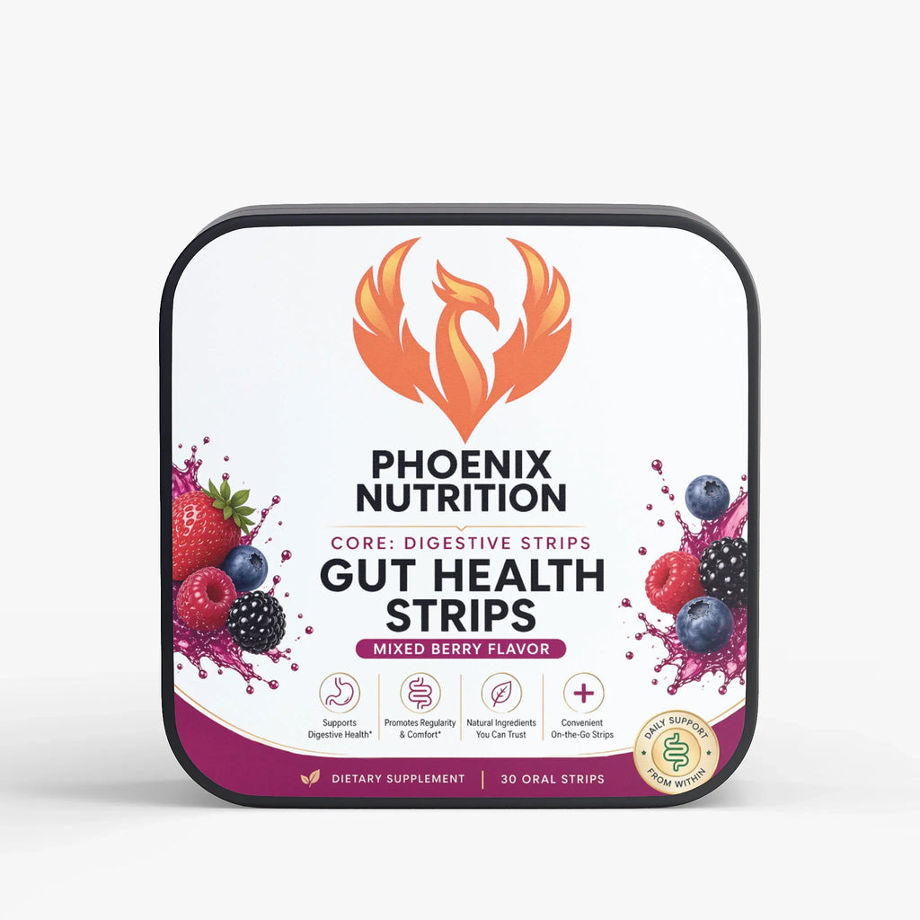 Gut health strips mixed berry flavor supplement package with berry graphics