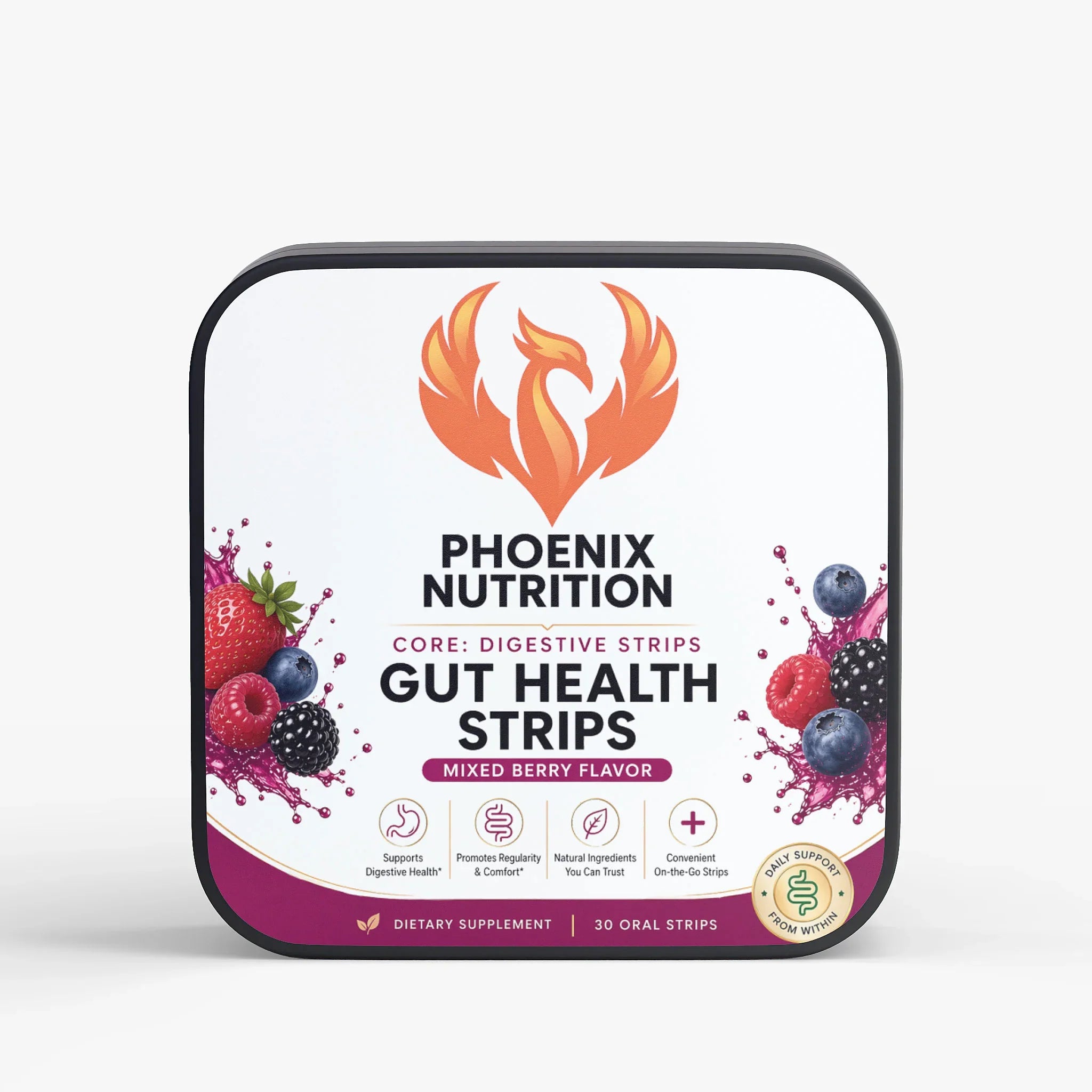 Gut health strips mixed berry flavor supplement package with berry graphics