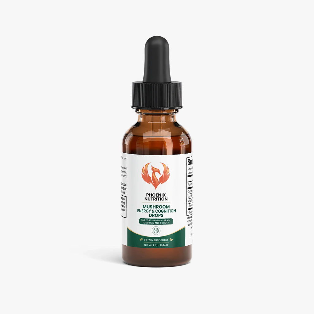 Mushroom energy and cognition drops supplement bottle with dropper on white background