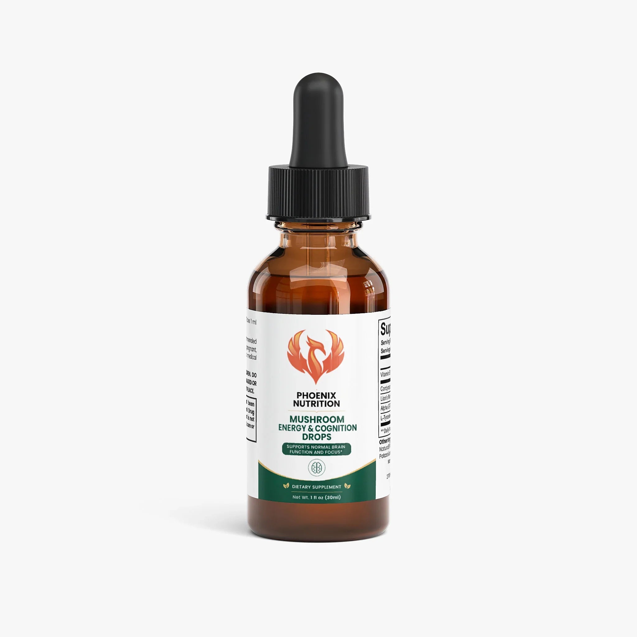 Mushroom energy and cognition drops supplement bottle with dropper on white background