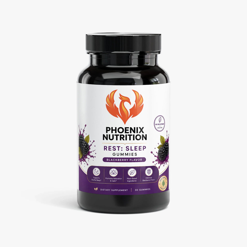Bottle of rest and sleep gummies, blackberry flavor, with plant-based ingredients and purple label