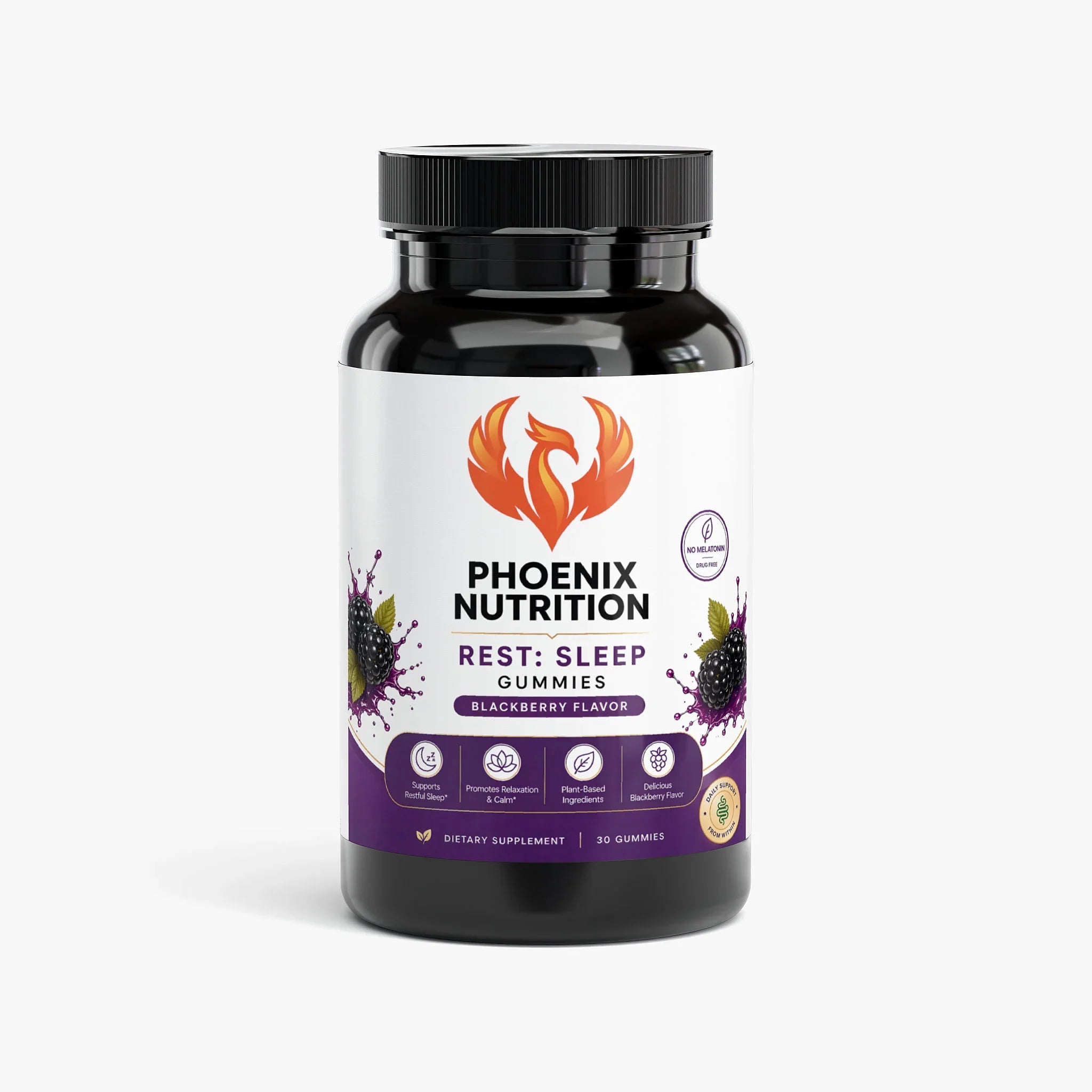 Bottle of rest and sleep gummies, blackberry flavor, with plant-based ingredients and purple label