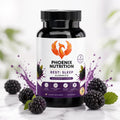 Phoenix Nutrition Rest Sleep Gummies blackberry flavor bottle with fresh blackberries on marble surface