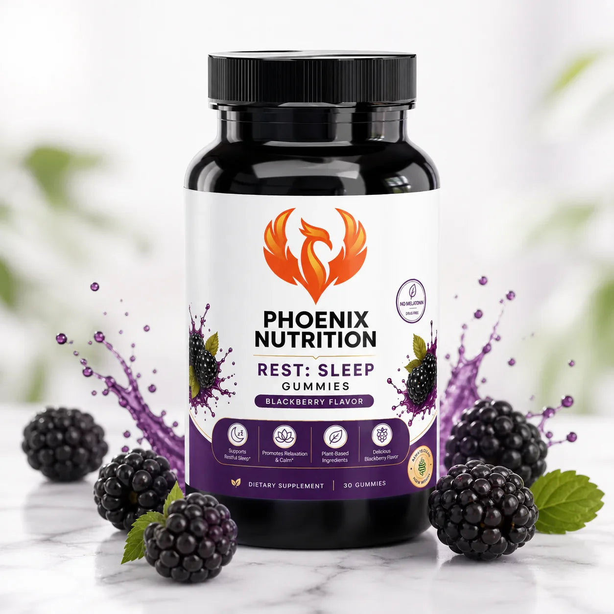 Phoenix Nutrition Rest Sleep Gummies blackberry flavor bottle with fresh blackberries on marble surface