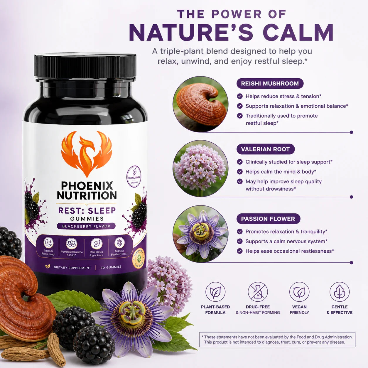Rest Sleep Gummies bottle with blackberry flavor, reishi mushroom, valerian root, and passion flower, highlighting plant-based supplement benefits.