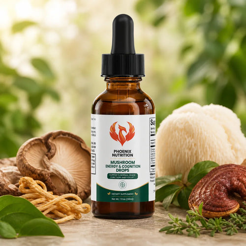 Mushroom energy and cognition drops supplement bottle with assorted mushrooms and herbs