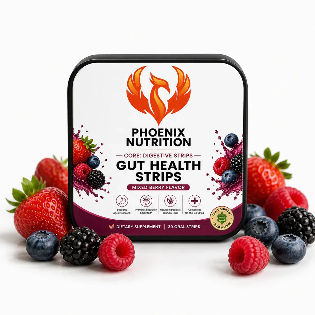 Gut health strips mixed berry flavor supplement box with assorted berries on white background