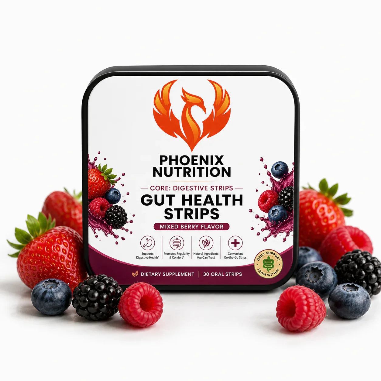 Gut health strips mixed berry flavor supplement box with assorted berries on white background