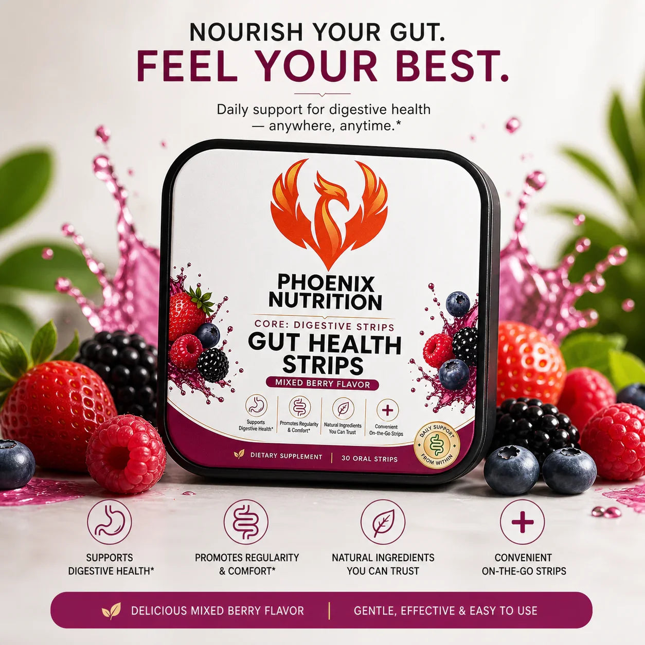 Gut Health Strips mixed berry flavor box surrounded by fresh berries, digestive health supplement