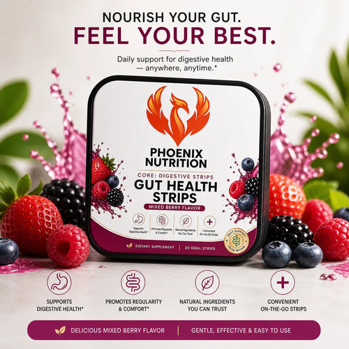 Gut Health Strips mixed berry flavor box surrounded by fresh berries, digestive health supplement
