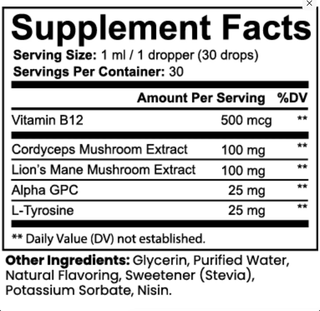 Supplement facts label featuring vitamin B12, cordyceps extract, lion's mane, Alpha GPC, L-tyrosine.