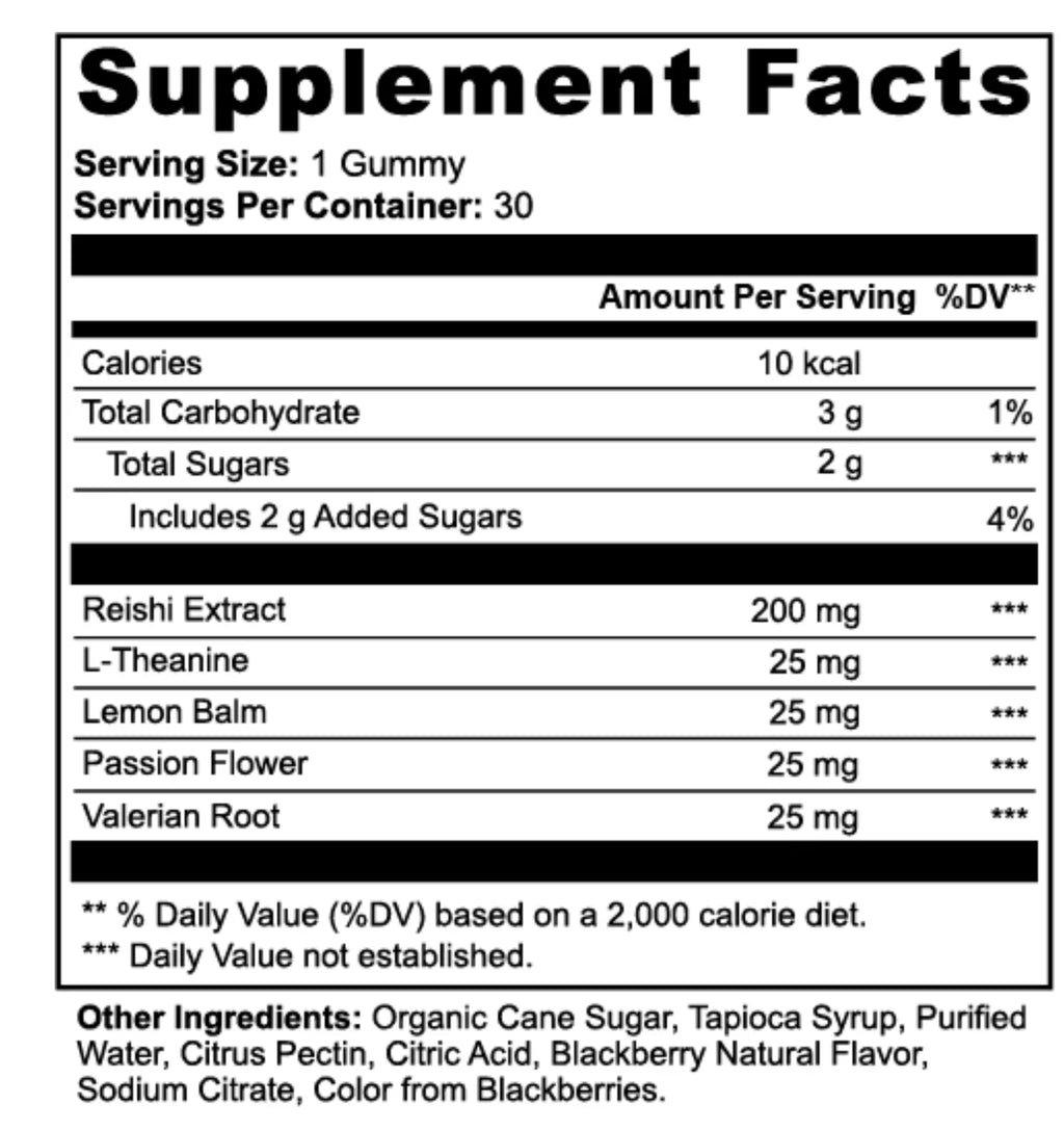 Supplement facts label for gummy with reishi, L-theanine, lemon balm, passion flower, valerian root.