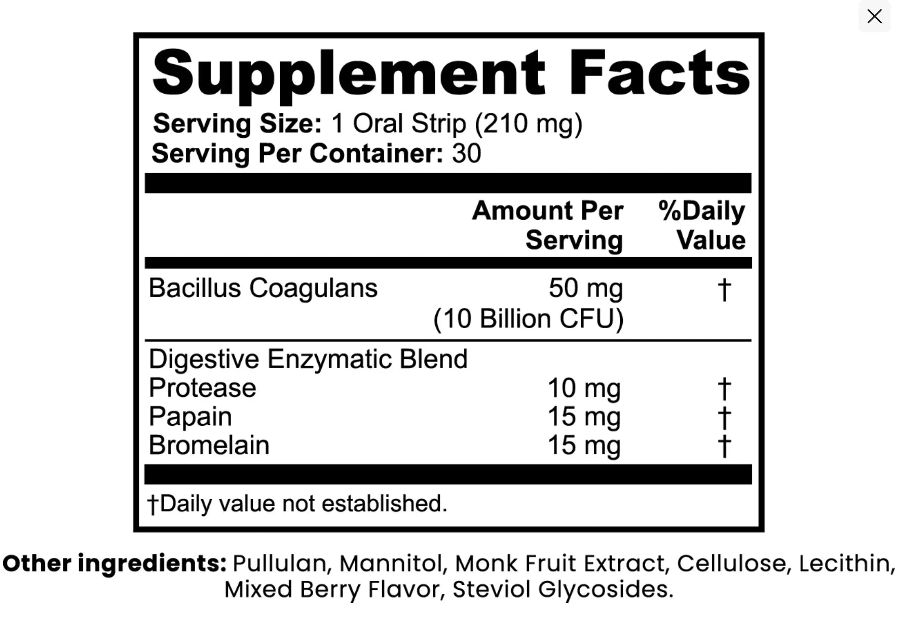 Supplement facts label for oral strip with Bacillus coagulans, digestive enzymes, and ingredients list.